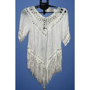 VIVID Boho Crochet Fringe White Tunic Shirt Top Swim cover Size XL